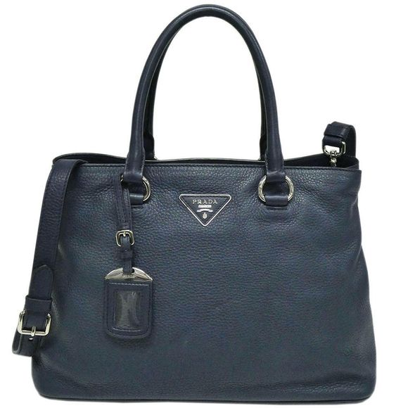Prada Saffiano Lux 2 Way Handbag Shoulderbag Silver Hardware Navy - Picture 1 of 10